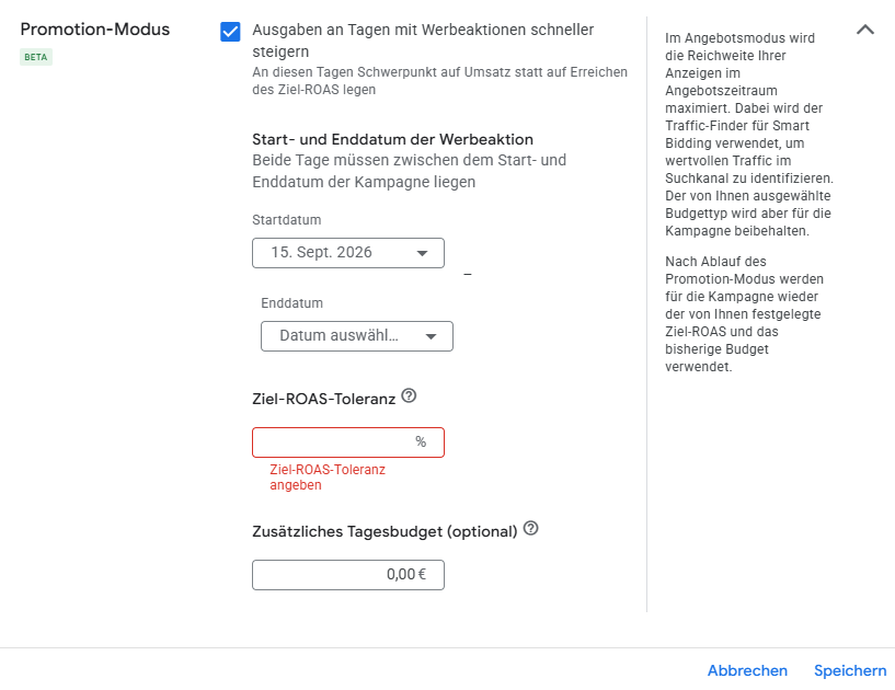 Google Ads - Promotion Mode Beta inklusive Tagesbudget